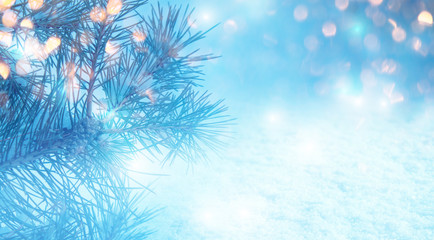 Winter christmas background. Pine branches close-up, New Year's blurry lights, snowdrift