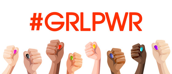 Girl Power GRL PWR. Realistic style female different race hands fists, isolated vector white background. Woman gender symbol feminism. Illustration fight like a girl power in a happy womens day. LGBT