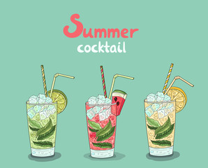  Summer drink collection. Watermelon fresh, mojito, lemonade. Color juicy fruit cocktails.