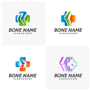 Set of Bone Plus logo. Healthy bone Icon. Knee bones and joints care protection logo template. Medical flat logo design. Vector of human body health. Emblem symbol.