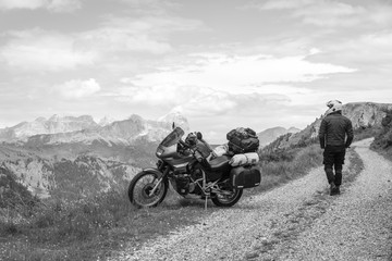 Motorcycle rider enjoy the momment. Touring adventure motorbike on the top of mountain, enduro, off...