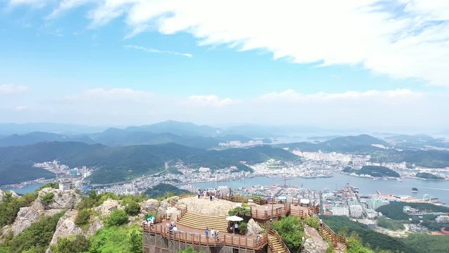 Tongyeong, South Korea 30 August 2019: 4K Aerial Drone Footage View of Mireuk Mountain. The mountain has a fantastic view overlooking the south sea..