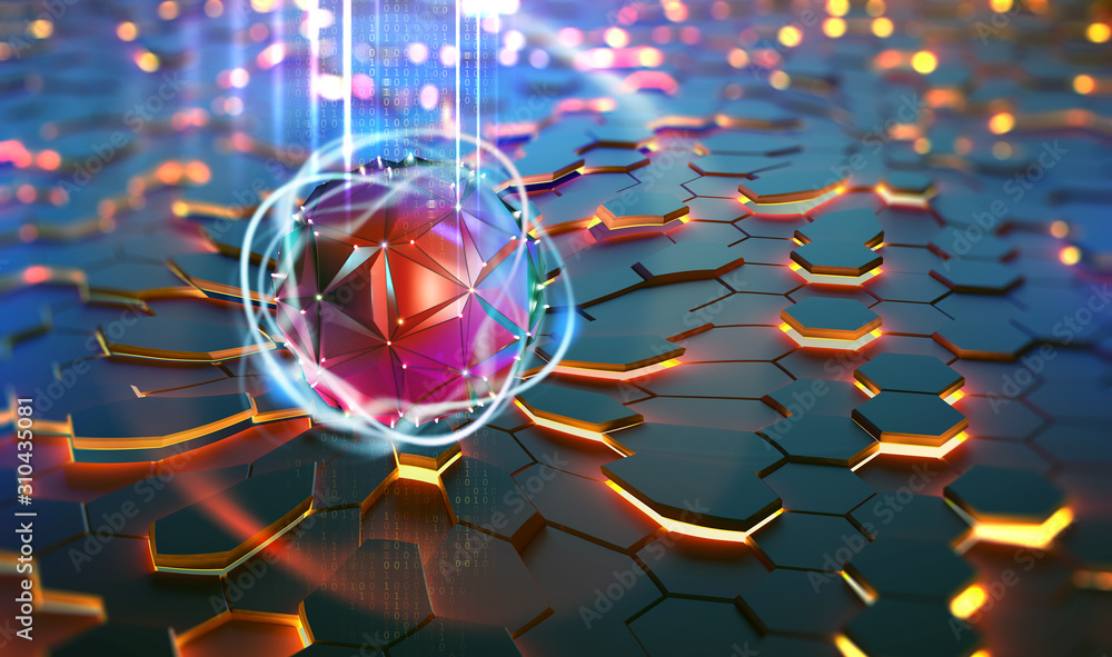 Poster Futuristic processor, CPU, neural network, artificial intelligence. Network structure and cloud storage technologies. 3D illustration of abstract concept of digital tomorrow