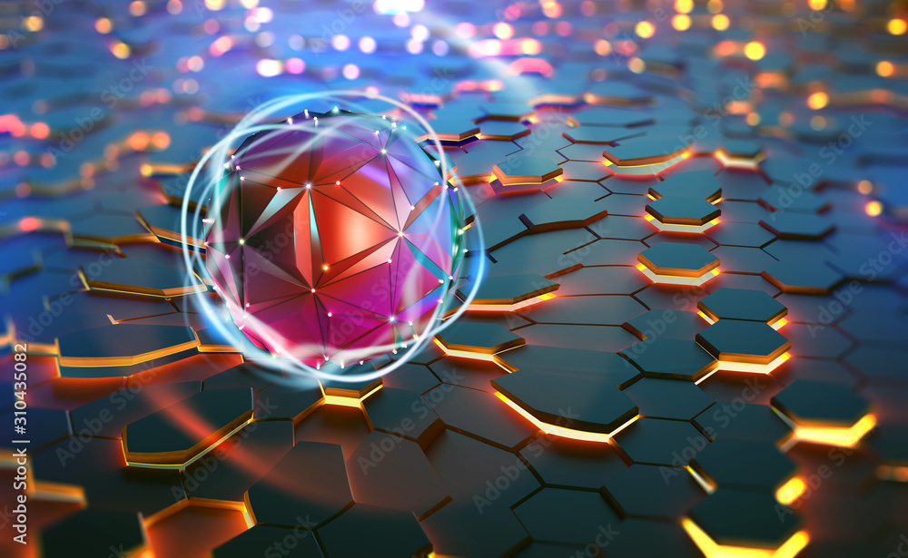 Fototapete Futuristic processor, CPU, neural network, artificial intelligence. Network structure and cloud storage technologies. 3D illustration of abstract concept of digital tomorrow