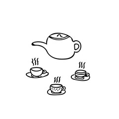 teapot and cups in hand drawn scandinavian simple liner style. set