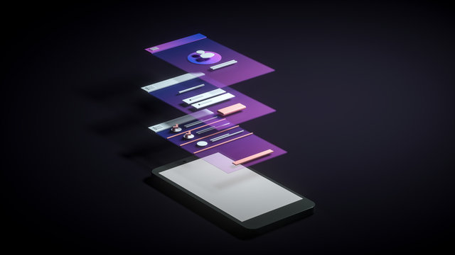 UX UI Flowchart. 3D Ilustration Mobile User Design Concept. Application.Purple. Vertical