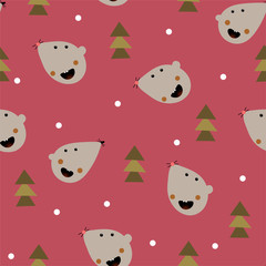 Cute seamless pattern with  heads of rats and christmass trees. Christmas and  New Year  background for textiles, wallpapers, designer paper, etc