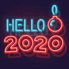Neon hello 2020 typography with christmas ball. New year square post graphic for social network, print, postcard. Glowing text on dark brick wall background.