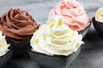 soft ice cream in flavor vanilla, chocolate and strawberry. Delicous creamy refreshing ice cream