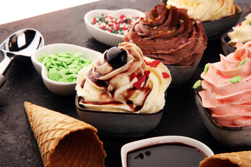 soft ice cream in flavor vanilla, chocolate and strawberry. Delicous creamy refreshing ice cream