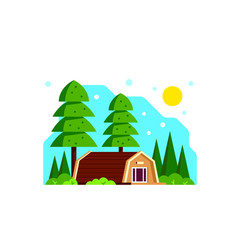 Camping cabin banner design, flat style illustration