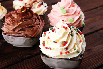 soft ice cream in flavor vanilla, chocolate and strawberry. Delicous creamy refreshing ice cream