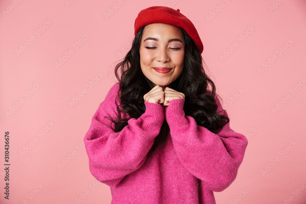 Sticker image of beautiful asian girl smiling and clenching her fists at chest