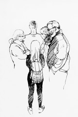Family conversation during awaiting in the line to access, grumpy girl with backpack against their relatives lineart sketch drawing