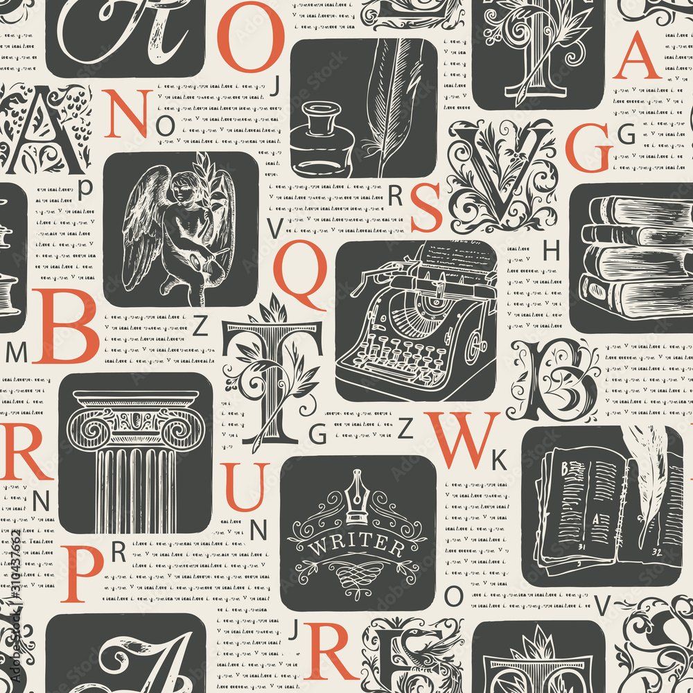 Poster vector seamless pattern with ornate capital letters on printed pages background. unreadable text, in