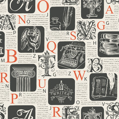 Vector seamless pattern with ornate capital letters on printed pages background. Unreadable text, initial letters and literary illustrations. Suitable for Wallpaper, wrapping paper, textile, fabric