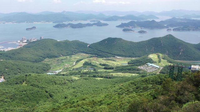 Tongyeong, South Korea 30 August 2019: 4K Aerial Drone Footage View of Mireuk Mountain. The mountain has a fantastic view overlooking the south sea.