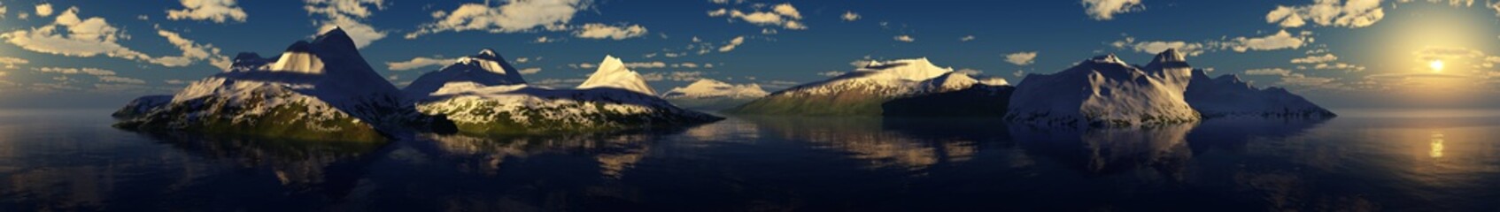 Panorama of the sea and mountains at sunset, seascape, 3D rendering.