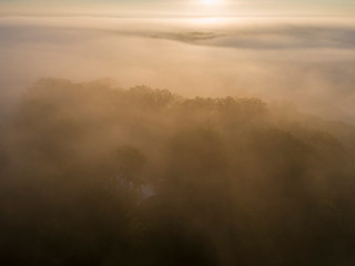 Fototapeta premium Aerial view of the dawn with fog in the fishponds, Crna Mlaka, Croatia