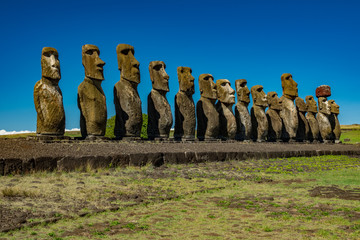 Ahu Tongariki moai platform perspective view under clear sky