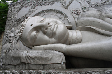5 December 2019-Nha Trang, Vietnam. Giant sculpture of reclining Buddha in long Shon pagoda.