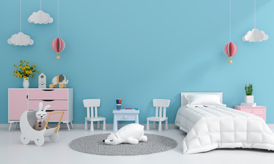 Blue child bedroom interior for mockup, 3D rendering