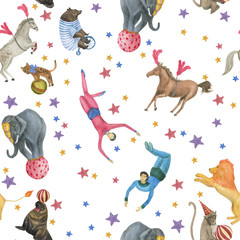Watercolor painting seamless pattern with circus bear, horse, elephant, walrus, lion,ball