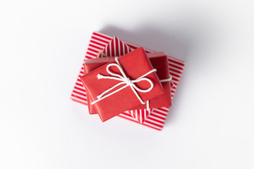 Group of red gift boxes on white background