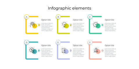 Business process chart infographics with 6 step rectangles. Rectangular corporate workflow graphic elements. Company flowchart presentation slide template. Vector info graphic design.