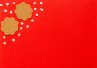 Gingerbread cookies on red background. Flatlay. Christmas composition