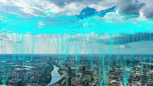 Aerial city connected through 5G. Wireless network, mobile technology concept, data communication, cloud computing, artificial intelligence, internet of things. Futuristic city. video loop. Moscow