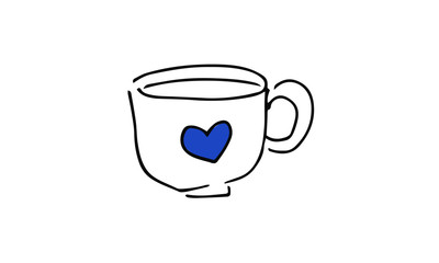 hand-drawn tea or coffee mug with heart classic blue. cute tea, coffee, Valentine Doodle art. use it as a clipart in greeting cards, print on clothes, animation, packaging