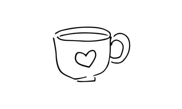 hand-drawn tea or coffee mug with heart. cute tea, coffee, Valentine Doodle art. use it as a clipart in greeting cards, print on clothes, animation, packaging