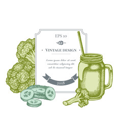 Badge design with pastel broccoli, smothie jars, cucumber