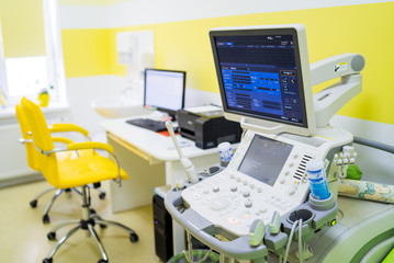 Medical ultrasound diagnostic equipment at clinic, sonography, health tests concept, closeup