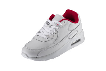 Sport shoes. White sneaker with red accents on a white background.