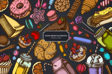 Design on dark background with cinnamon, macaron, lollipop, bar, candies, oranges, buns and bread, croissants and bread, strawberry, milk boxes, smoothie cup, lollipop, smothie jars, cheesecake