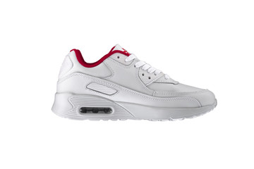 Sport shoes. White sneaker with a red insert on a white background.