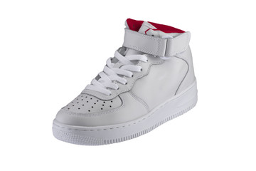 Sport shoes. White sneaker with red accents on a white background.