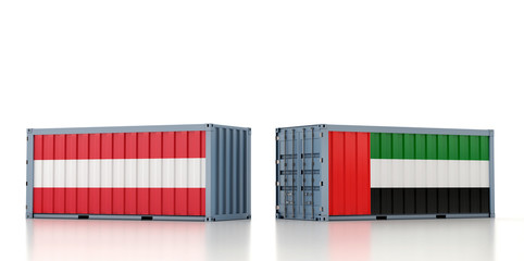 Freight container with United Arab Emirates and Austria national flag. 3D Rendering