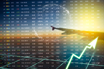 Stock market digital graph chart on LED display concept. A large display of daily stock market price and quotation. Indicator financial forex trade education background.