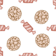 Seamless pattern with hand drawn pastel candies, cookie