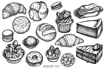 Vector set of hand drawn black and white macaron, buns and bread, croissants and bread, cheesecake, eclair, cupcake, cake, donut, cookie, truffle, cake, tartlet - obrazy, fototapety, plakaty