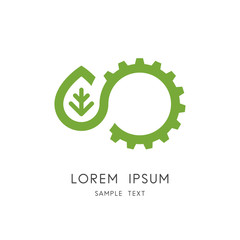 Green power logo - leaf and gear wheel or pinion symbol. Alternative energy source, industry and nature, environment and ecology vector icon.