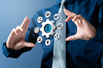 Businessman show cogwheel management circle icon of business