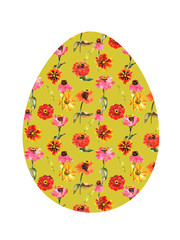 Hand drawn watercolor happy Easter egg silhouette with flower pattern. Stock illustration for textile decoration print, greeting card, spring decor, wrapping paper.