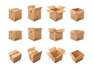 Fototapeta premium Large set of twelve different brown cardboard packing boxes showing it taped shut, partially opened and with all the flaps wide open isolated on white, vector illustration