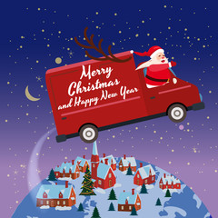 Merry Chrismas Santa Claus Van flies through the night sky above the Earth delivering gifts