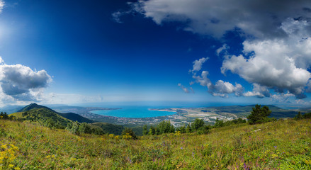 panorama of the resort city of Gelendzhik from the top of the Markoth ridge. You can see the round Gelendzhik Bay, the Black sea 