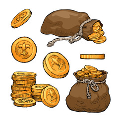 Set of hand drawn coins isolated